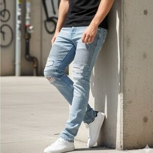 PACSUN Los Angeles Men's Stacked Skinny Light Wash Distressed Moto Jeans 36x32